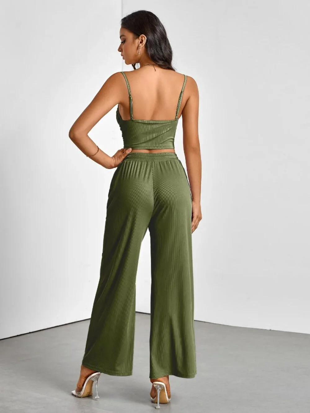 Olive Green Textured Spaghetti Strap Crop Top & Drawstring Wide Leg Pants 2 Piec